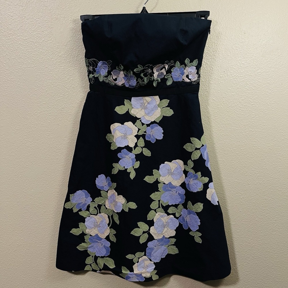 LOFT Ann‎ Taylor Floral Embroidered Cocktail Dress  Short Strapless Navy Size 2P